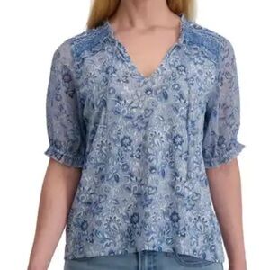 Lucky Brand Top Small Women’s Blue Floral Peasant Bohemian Casual